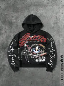 Men's Hooded Sweatshirt, Casual Street Style, Trendy American Graphic Eye Print Short Hoodie, Fall Winter Fashion, Hip Hop Dance Wear