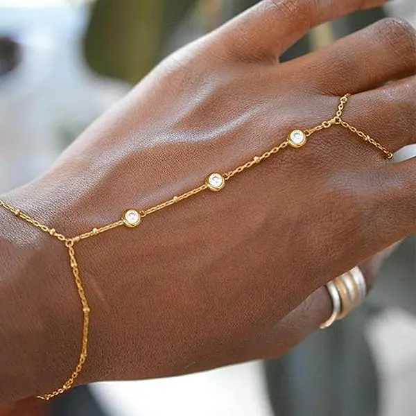 BloomWish S Adjustable Gold Hand Chain Bracelet with Ring Elegant Charm Link Design Jewelry