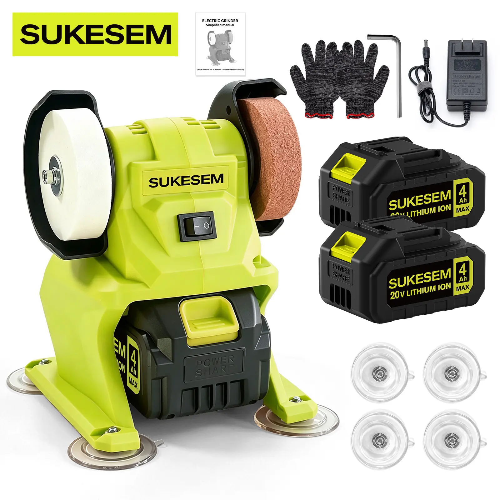 SUKESEM Mini Bench Grinder, Cordless Bench Grinder with 2 x 20V Batteries, Battery Powered Bench Grinder with Dual Grinding Wheels, 5500 RPM Portable Grinding & Polishing Machine for Sharpening Knives, Drill Bits, Metal, Rust Removal & DIY