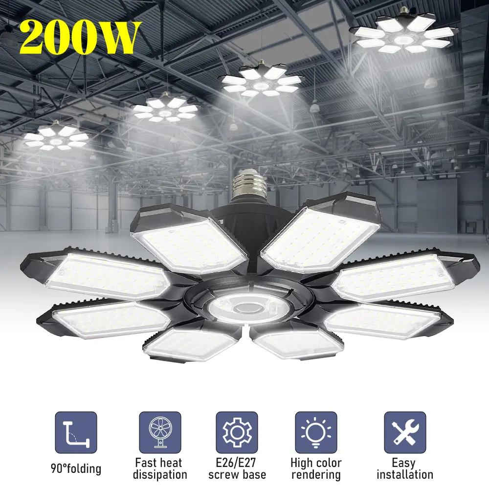 Led Garage Light - 200W 20000LM Super Bright 6500K Garage Lights Ceiling Led w/ 8 Adjustable Panels Compatible for E26/E27 Garage Light Socket Applicable for Workshop Barn Warehouse Attic