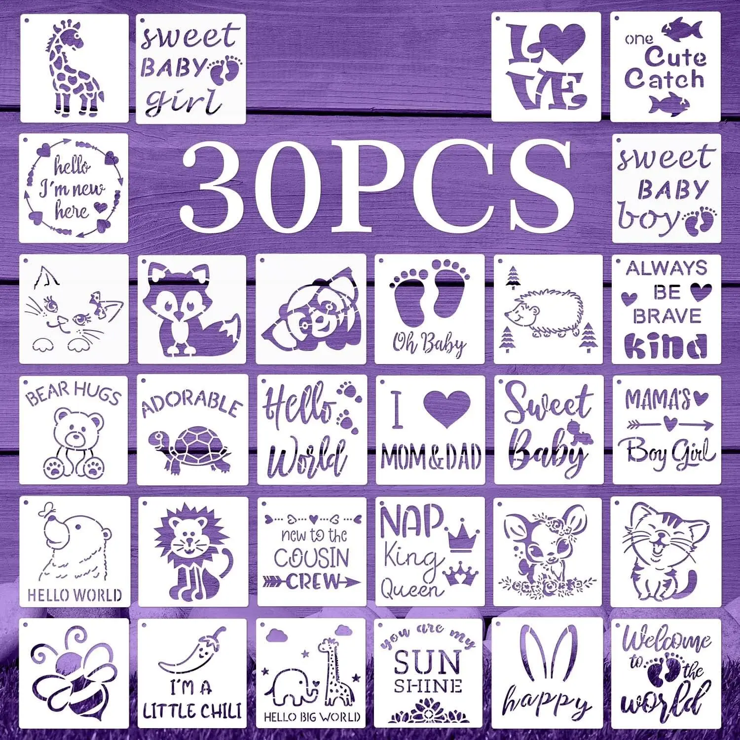 30-Count Washable Metal Shower Stencils Set, 5-Inch Cute Onesie Stencils with Mixed Phrases for Painting on Bodysuit Shirts, Shoes, Bibs
