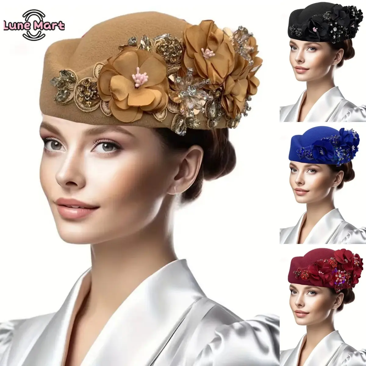 Vintage Wool Pillbox Fascinator Hat, Women's Floral Costume Headpiece with Rhinestone Accent for Wedding & Tea Party, Fascinators Hat, Styling Accessory, Rhinestone Hats