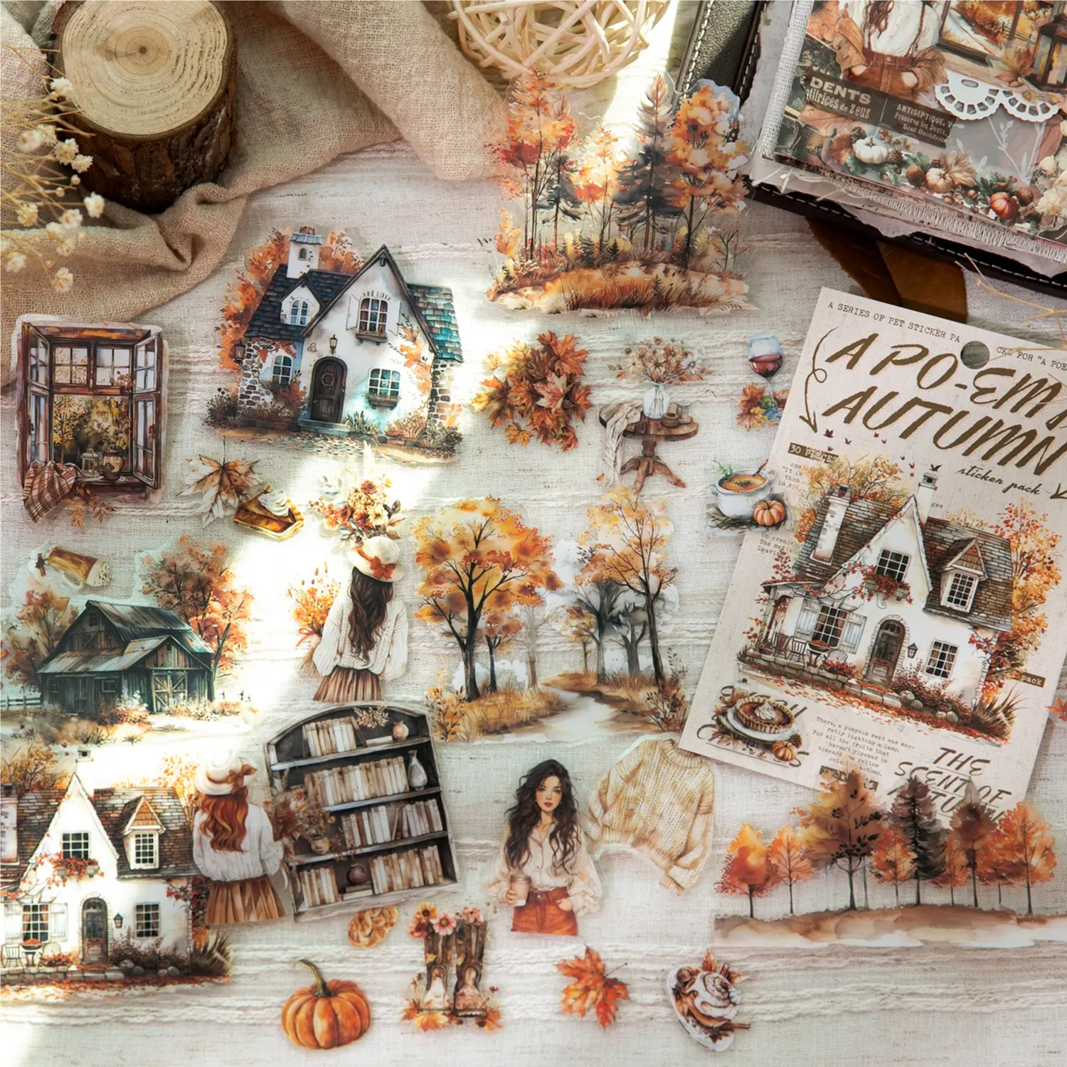 30 Sheets/bag Sticker Pack, Pet Material, Autumn Poem Series, Fall Theme Handmade Stationery Water Bottle Multi-Scene Decorative Stickers Scrapbook Materials Scrapbooking, Decoration Sticker, Aesthetic Stickers