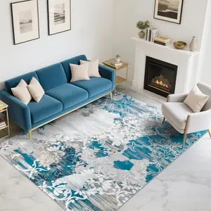 9x12 Large Blue Abstract Faux Cashmere Print Rug with Non-Slip Backing, Machine Washable, Low Pile Rug for Living Room, Bedroom, Dining Room, 4x6, 5x7, 6x9, 8x10, 9x12 Feet