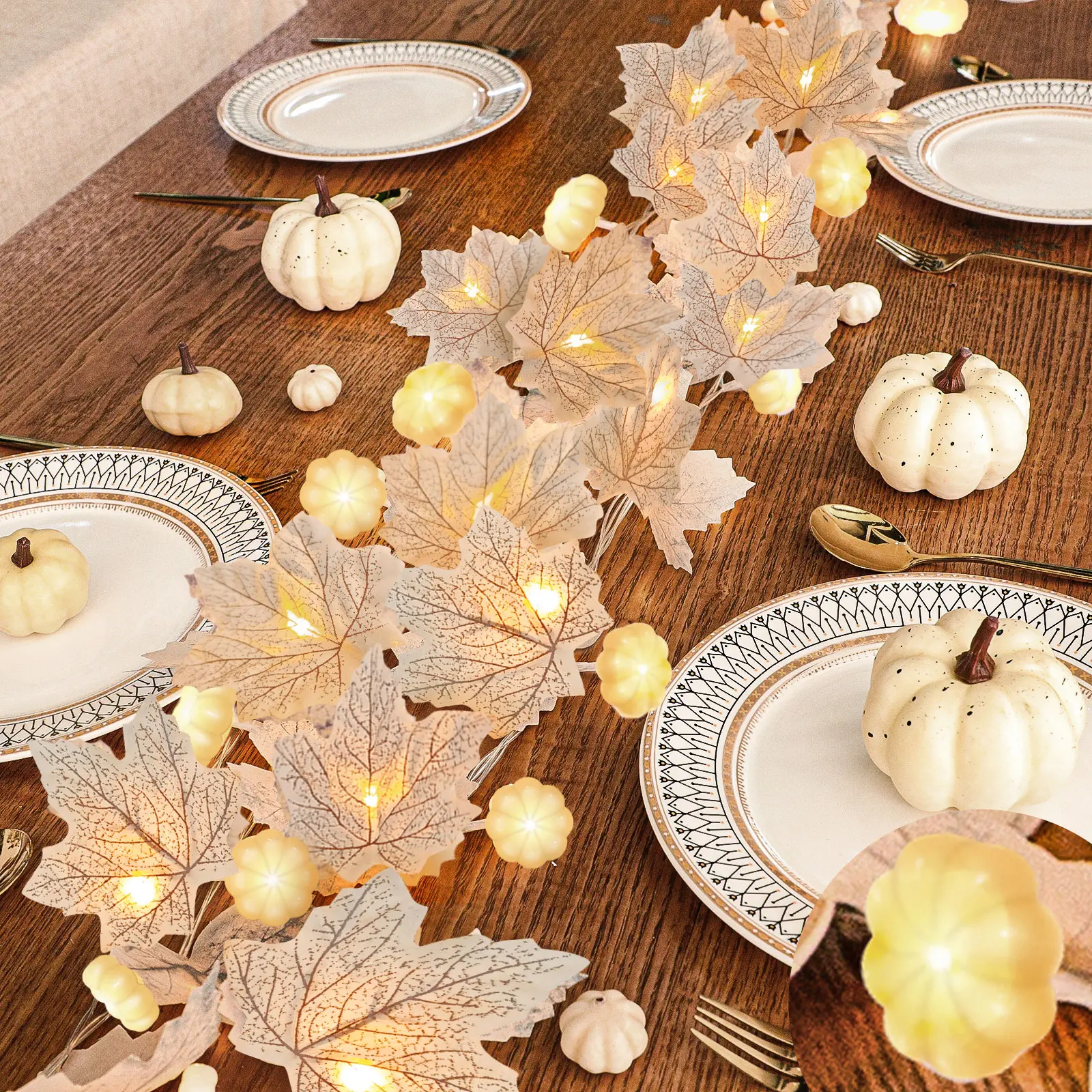 2 Pack Fall Maple Leaves Garland with Lights Fall Decor, 3D Pumpkin Lights & 40 LEDs, Total 14.4Ft Maples Leaf Garland Fall Lights Thanksgiving Decorations for Home Indoor Outdoor Mantle Fireplace Porch Table Decor