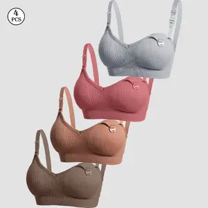 4 PCS Nursing Bras with One-Handed Clasp for Breastfeeding, Ribbed Maternity Wireless Bras, Adjustable Straps