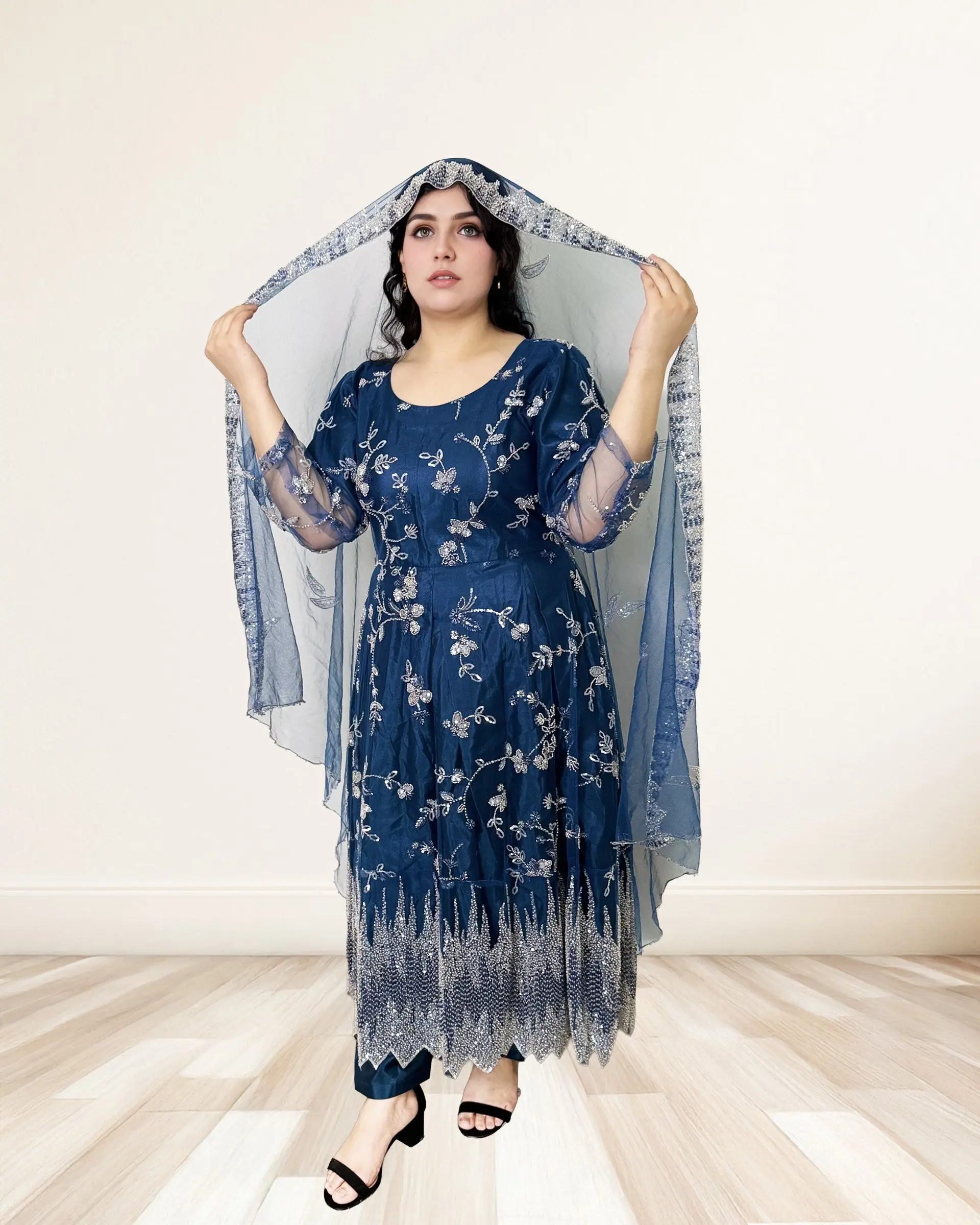 Women's Chic 3-Piece Navy Soft Georgette Anarkali Suit Set - Flared Dress with Silver Sequin Floral Embroidery, Scallop Accents, Elegant Outfit for Parties & Weddings