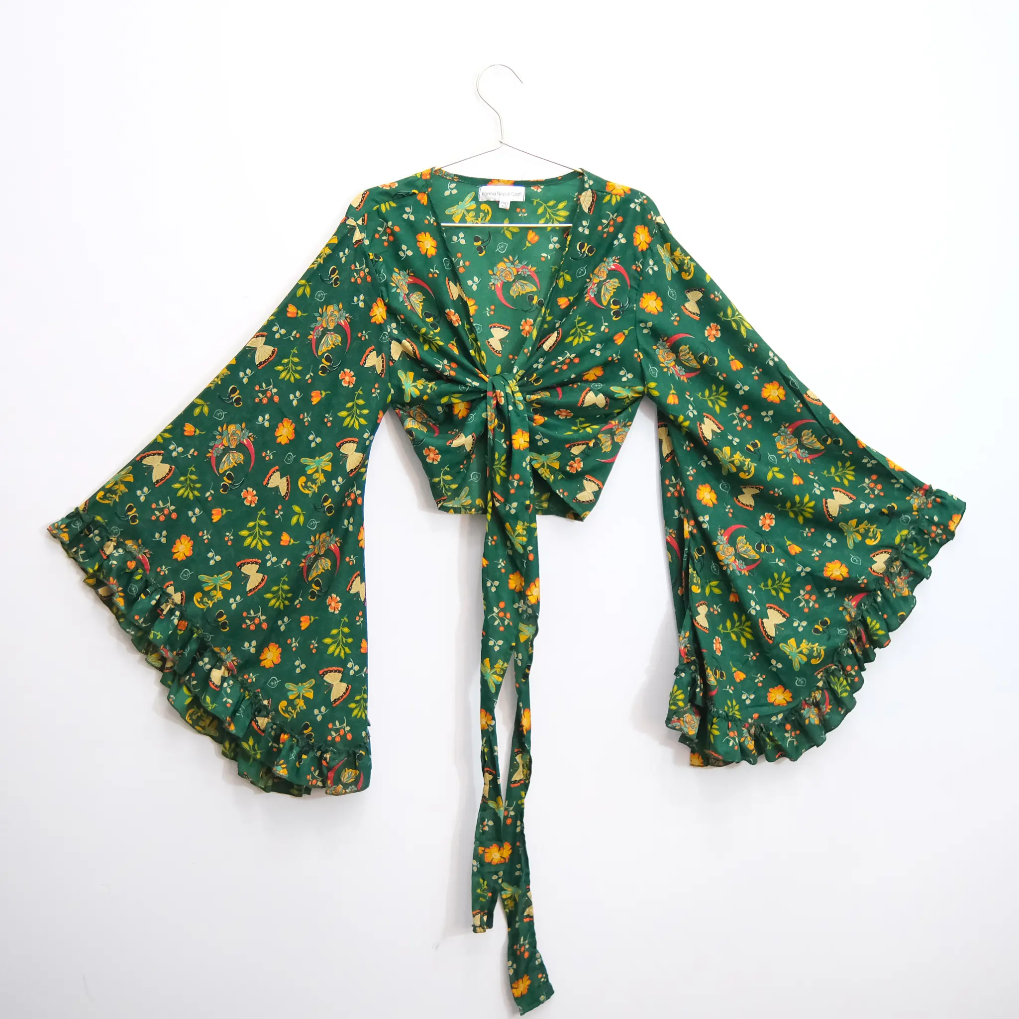Boho Butterfly Floral Wrap Top Tie Front Bell Sleeve Ruffle Blouse, Fairycore Flare Sleeve Top