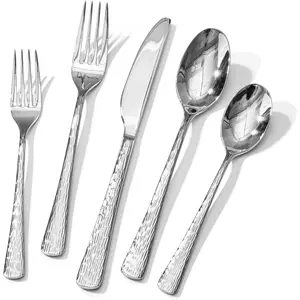 Hammered Silverware Set, 30- Flatware Set, 18/10 Stainless Steel  Cutlery with  Ripple Handles Design Mirror Polished - Dishwasher Safe