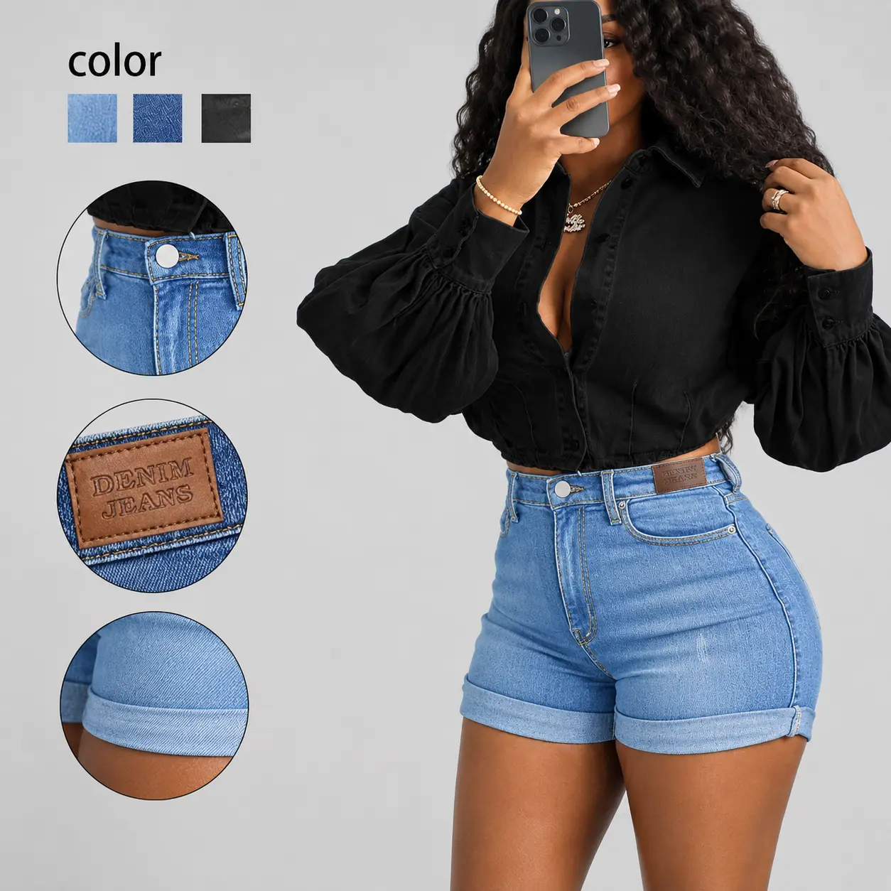 Women’s Mid Rise Stretch Denim Shorts, Rolled Cuff Slim Fit Jean Shorts with Pockets, Curve Enhancing Summer Shorts Minimalist Bottom Womenswear