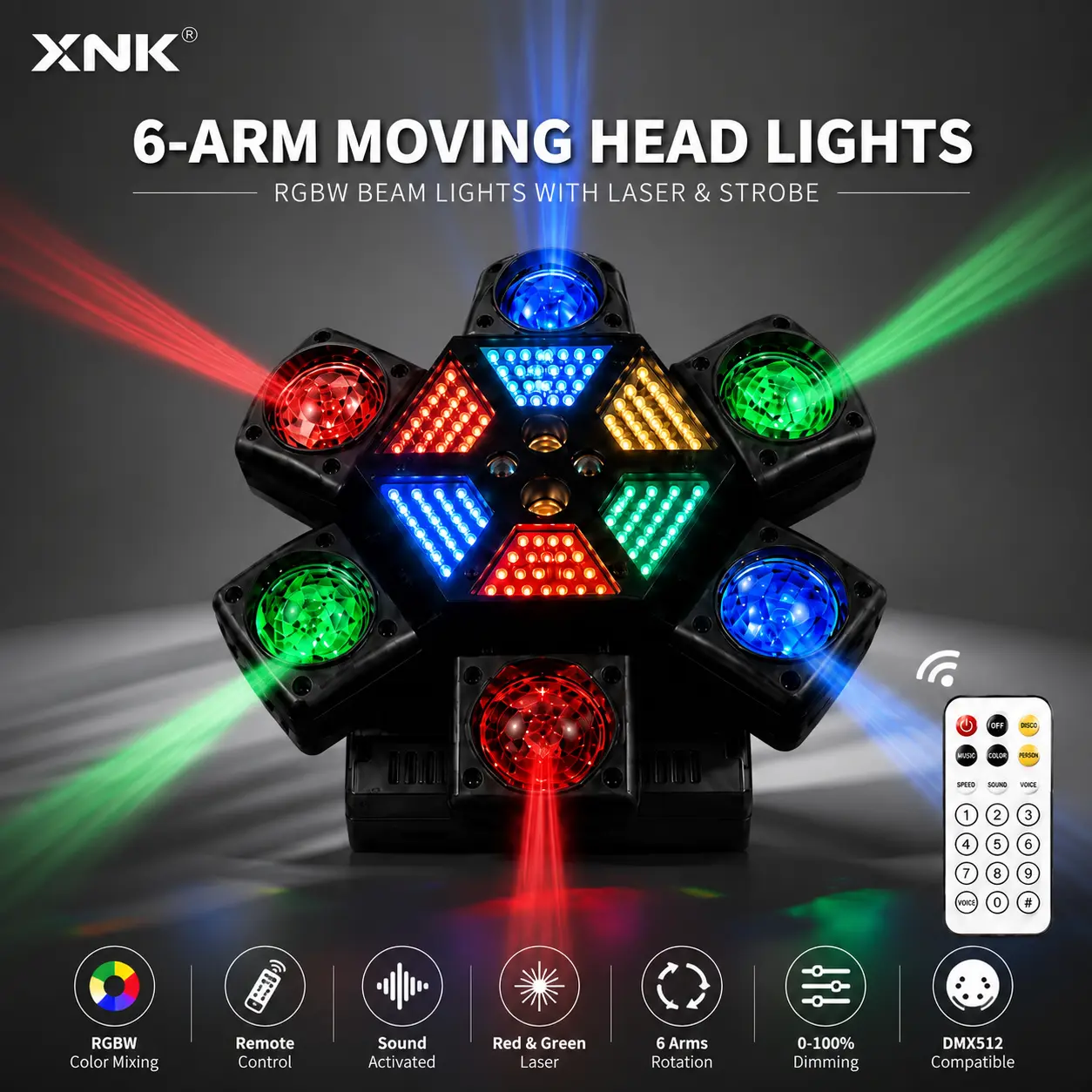 XNK DJ Party Lights, 6-Arm Moving Head Light with RGB Beam, Red & Green Laser, Remote Control, Sound Activated, DMX512 Disco Stage Light for Home Parties, DJs, Clubs & Weddings homedecor