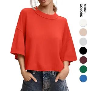 Aswulk Womens Short Sleeve Sweater Summer Oversized Cropped Sweaters Fit Drop Shoulder Casual Crewneck Lightweight Knit Tops Basic Baggy