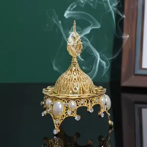 Luxury Golden Metal Incense Burner with Pearls & Crystals, Elegant Golden Aromatherapy Fragrance Decor for Bedroom, Office, Spa & Cozy Evenings Scented