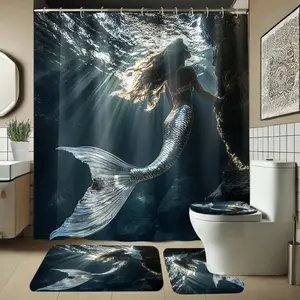 Mermaid Pattern Bathroom Set, Includes Soft Shower Curtain, Bath Mat, Toilet Seat Cover, Elegant Decor, 1/4 Piece Set