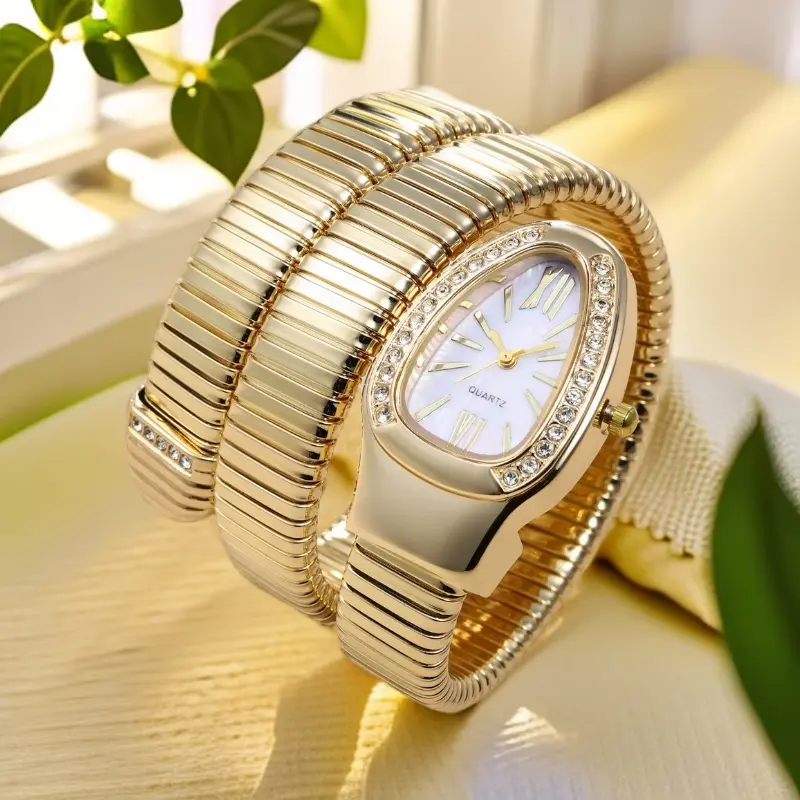 Women's Luxury 28mm Silver Alloy Case Gold Snake Bangle Quartz Watch, Round Face Analog Clock with Crystal Diamond Bezel, Mother of Pearl Dial, Roman Numerals, Wrap-Around Wristwatch, Elegant Retro Statement Timepiece, Perfect Gift for Her