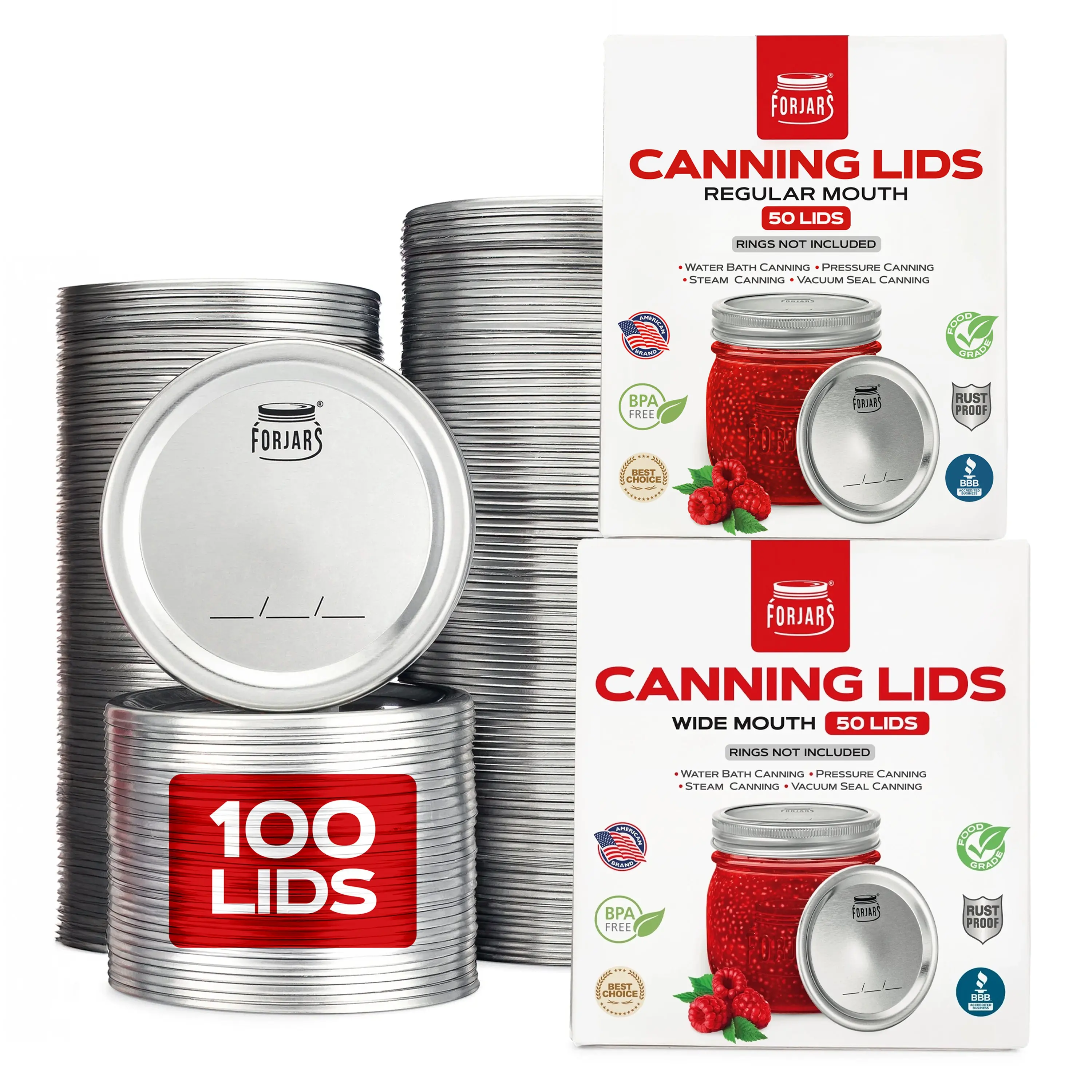 Forjars® - 100 Count: 50 Regular Mouth + 50 Wide Mouth Canning Lids Forjars® - 100 Count: 50 Regular Mouth + 50 Wide Mouth Canning Lids