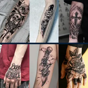 6 large herbal tattoo stickers, including 1 design with across element, lasting 7-15 days, waterproof and resistantto friction, with a realistic effect, suitable for people whoare afraid of pain and don't want a real tattoo.