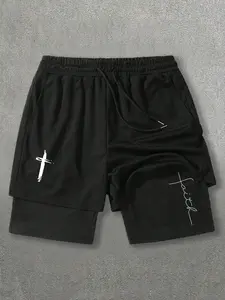 "Faith Cross" Double-Layered Athletic Shorts for Men | Breathable Polyester with Compression Liner, Drawstring Waist – Ideal for Gym, Running & Casual Street Style, All-Black Design for Modern Men's Fashion, Stretch Shorts, Breathable Fitness Shorts