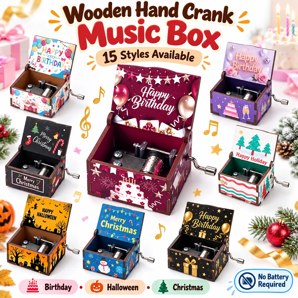 Wooden Hand Crank Music Box, Mini Mechanical Melody Keepsake Decor, No Battery Required, Gift for Family, 15 Styles - Happy Birthday, Christmas