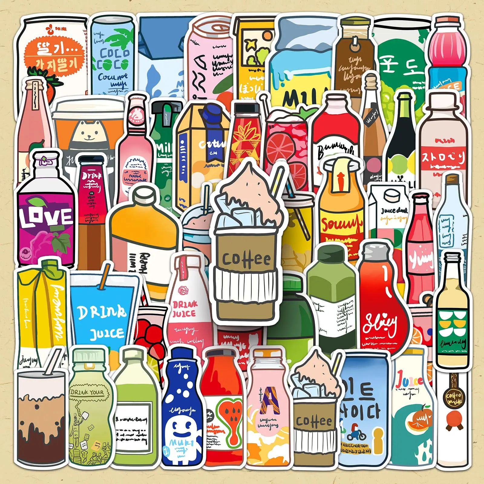 Cartoon Drink Bottle Pattern Sticker, 50pcs/set Creative DIY Decorative Sticker, DIY Decals for Water Bottle, Laptop, Phone Case, Scrapbooking, Journal Making