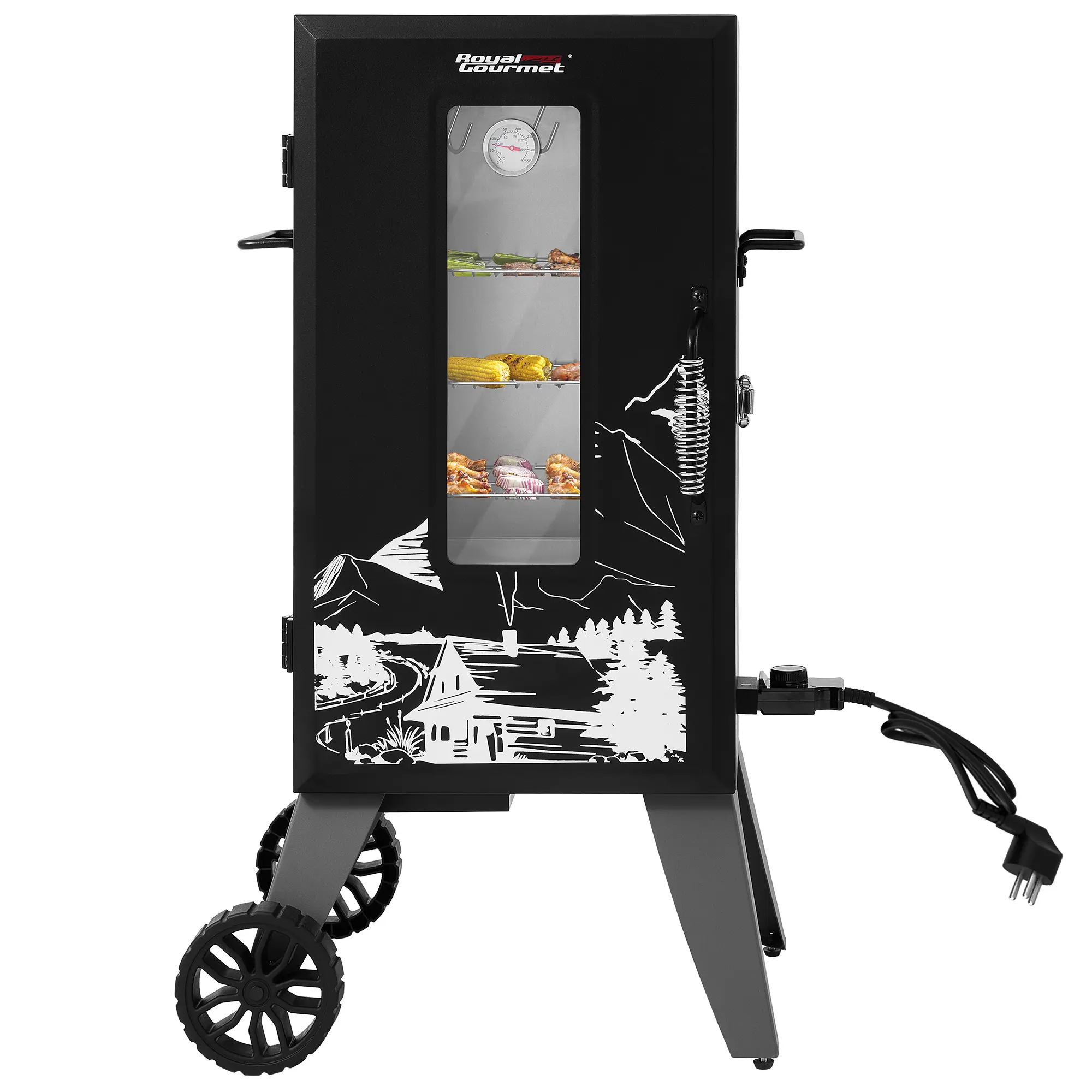 Royal Gourmet SE2806 28" Analog Electric Smoker, 454 Sq In Vertical Smoker with Clear Viewing Window & 3 Racks, 1350W Dual Smoking for Hanging Whole Chicken or Ribs, Black Sturdy