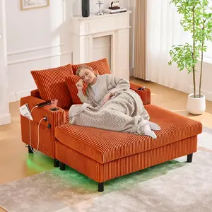 56'' Oversized Chaise Lounge Chair Indoor, Comfy Corduroy Chaise Sofa Recliner Bed Upholstered Sleeper Couch Bed with USB Charging, LED, Cup Holder, Side Pocket for Living Room living room furniture sectional couch sofa bed couch couches