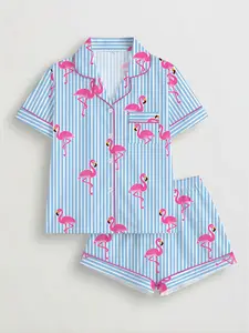 Women's Striped Flamingo Print Pyjama Set, Pajamas, Short Sleeve Button-Up Top & Elastic Shorts, Casual Home Wear, Loungewear, All Seasons