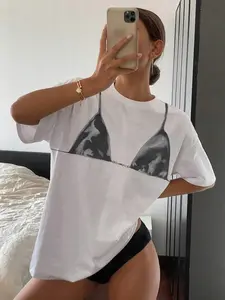 Women's Bikini Print Round Neck Tee, Casual Loose Tee, Casual Printed, Casual Short Sleeve Crew Neck T-shirt for Holiday Vacation, Ladies Summer Clothes, Womenswear