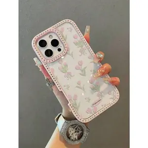 Pink Tulip Rhinestone Glitter Transparent Phone Case Luxury Full Cover Dust Proof TPU with 17 Air 16Pro Max 15 14Plus 13 12 11 XR XS