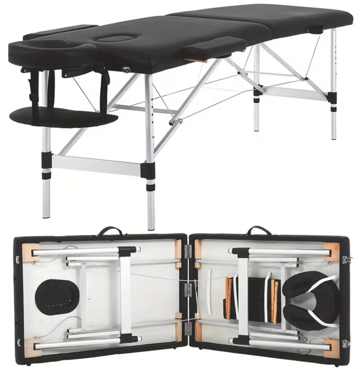 3-Section Portable Massage Table – Adjustable Aluminum Massage Bed with Face Cradle, Armrest & Carrying Handle for Lash, Tattoo & Spa Work