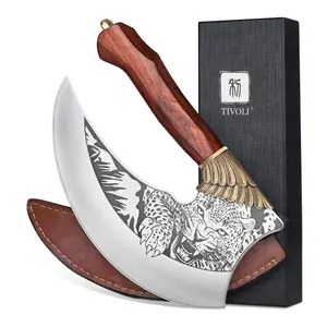 TIVOLI Ulu Knife 9-inch Pizza Cutter Axe, Viking Butcher Cleaver Knife, German 1.4116 Super Steel Rose Wooden Handle with Sheath & Box, Mincing Meat Vegetable Rocking Knives Birthday Gift Men Women