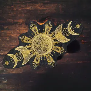 Shimmering Golden Moon Phases Embroidered Patch - Celestial Accessory, Mystical Sewing Supply, Sun and Moon Accent for Textiles, Soft Furnishings, Celestial Embroidery, Mystical Embroidery