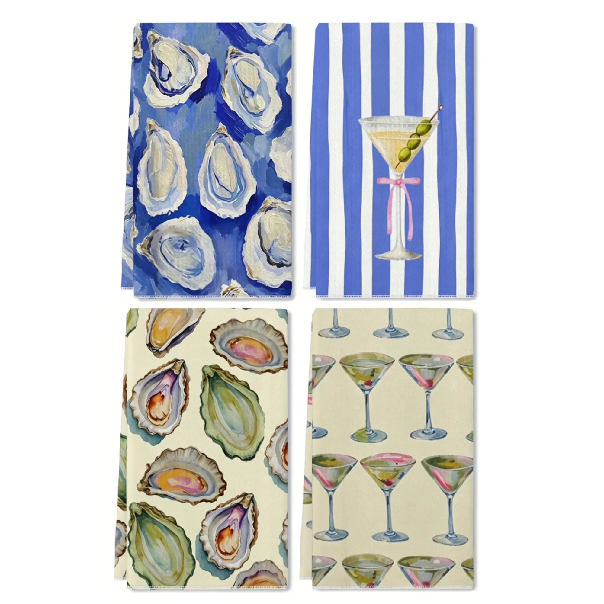2Pcs 16x24 inches Soft Polyester Coastal Oyster Shell & Martini Cleaning Kitchen Towels, Watercolor Seafood Cocktail Dish Tea Towels, Beach Enthusiast Gifts for Kitchen