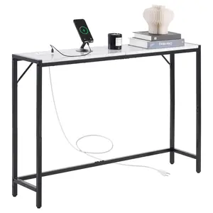 VEVOR Marble Console Table, Modern Narrow Long Console Table with Power Outlet, Thin Sofa Side Table with Iron Tubes, Anti-Tip Device and Triangular Support for Living Room, Hallway, Entryway, Foyer