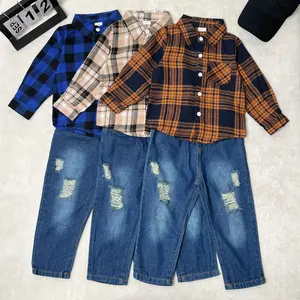 Toddler Boys Plaid Long Sleeve Shirts Ripped Denim Pants Set 2Pcs Spring Fall Clothing From 12M-4Y,Ready Stock 22070766-6