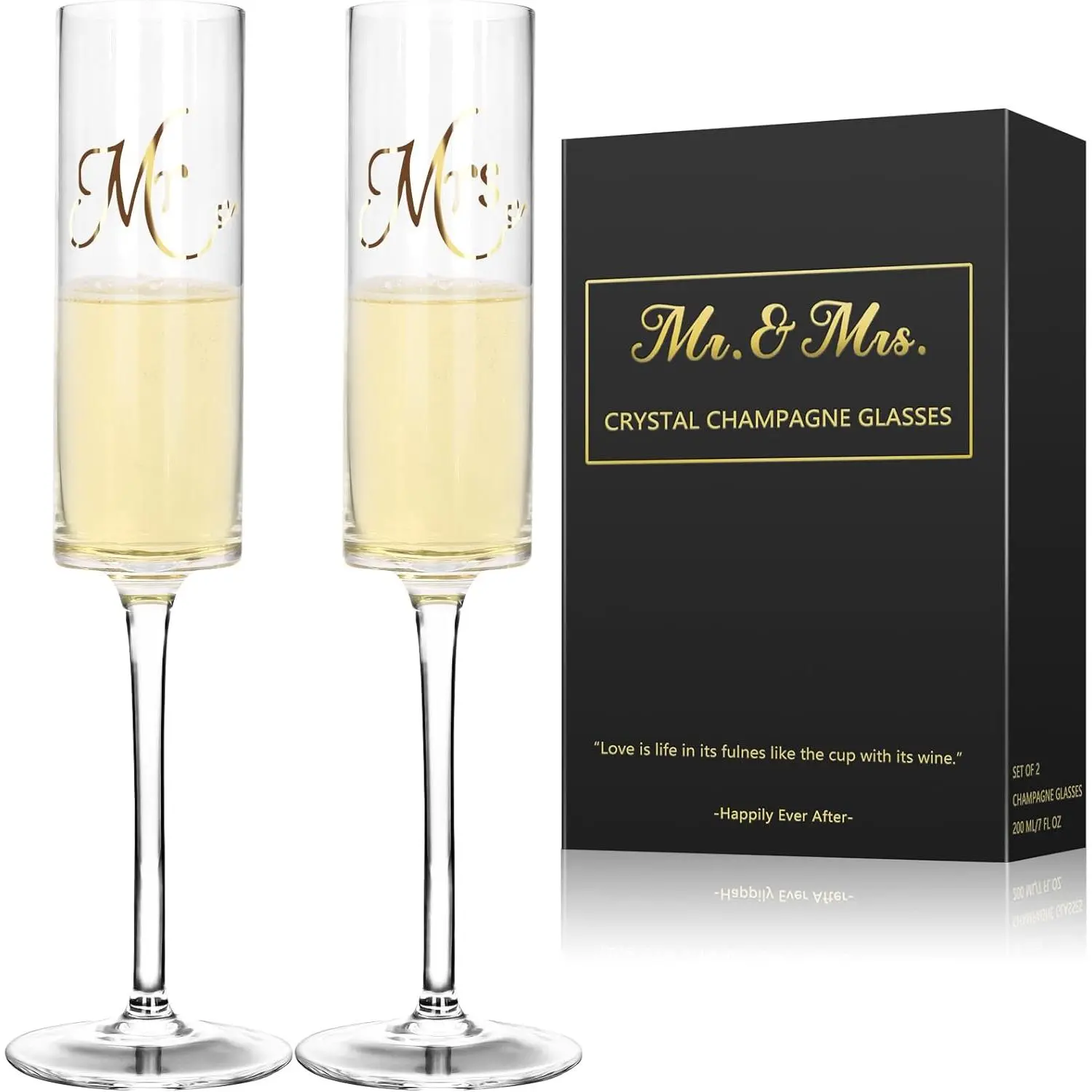 Champagne Glasses Set of 2, 7oz Champagne Flute Set for Couple Engagement, Stemless Mr and Mrs Flutes for Wedding Gifts, Clear Crystal Cocktail Cups for Anniversary