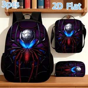 3Pcss Unisex Large Capacity Backpack Set, Cool Red And Blue Big Spider 2D Print Pattern, Adjustable Shoulder Straps, Zipper Closure, 3Pcss Set Includes Backpack, Body Bag, And Pencil Case, Essential Backpack for Back to School, School, Camping