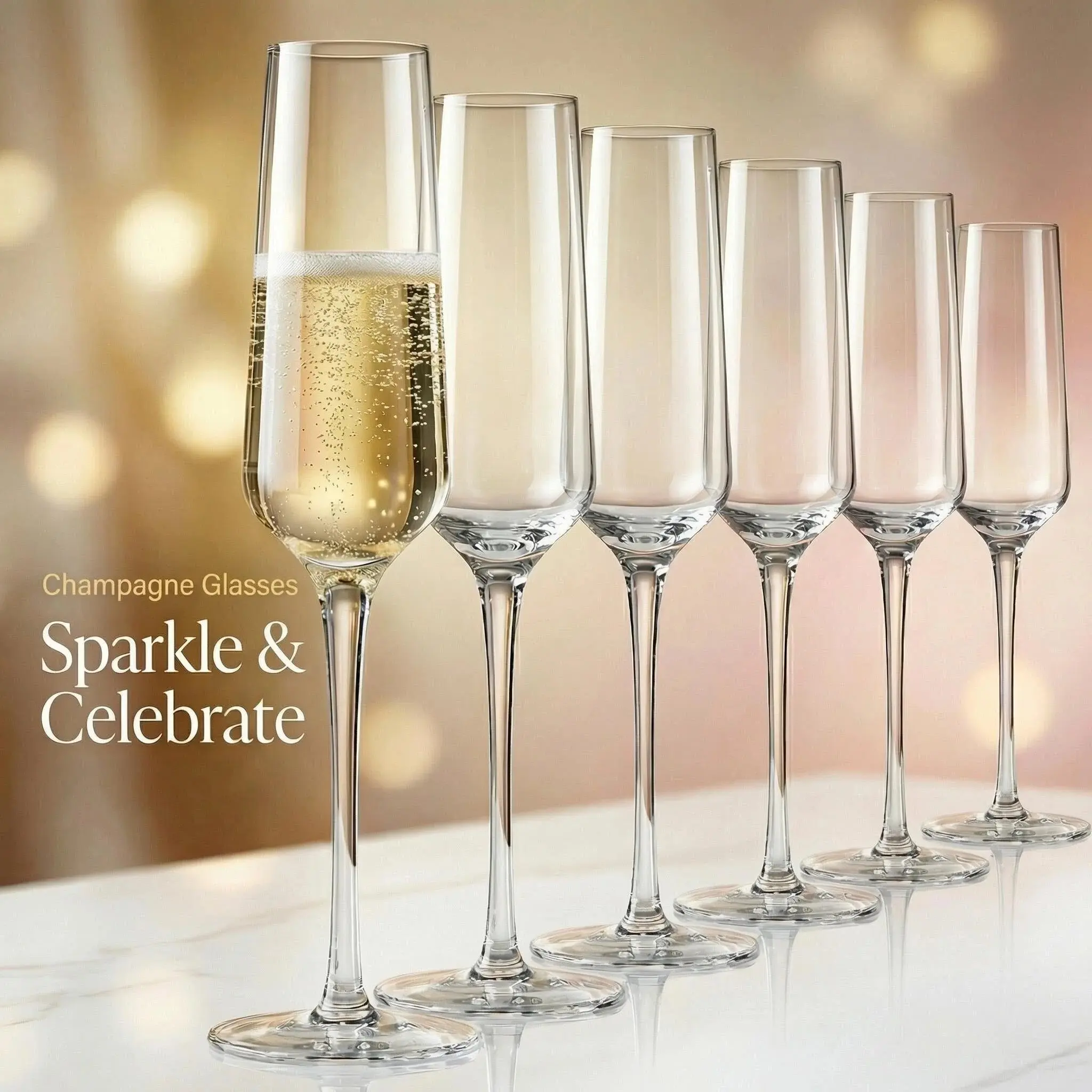 Classic Champagne Flutes, Hand Blown Champagne Glasses Set of 6 Drinking Glassware Drinkware