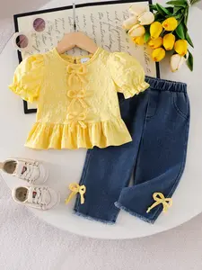 Baby Girl Sweet 2-Piece Set, Bow Lantern Sleeveless Shirt, Deep Blue Jeans Pants, Casual for Kids