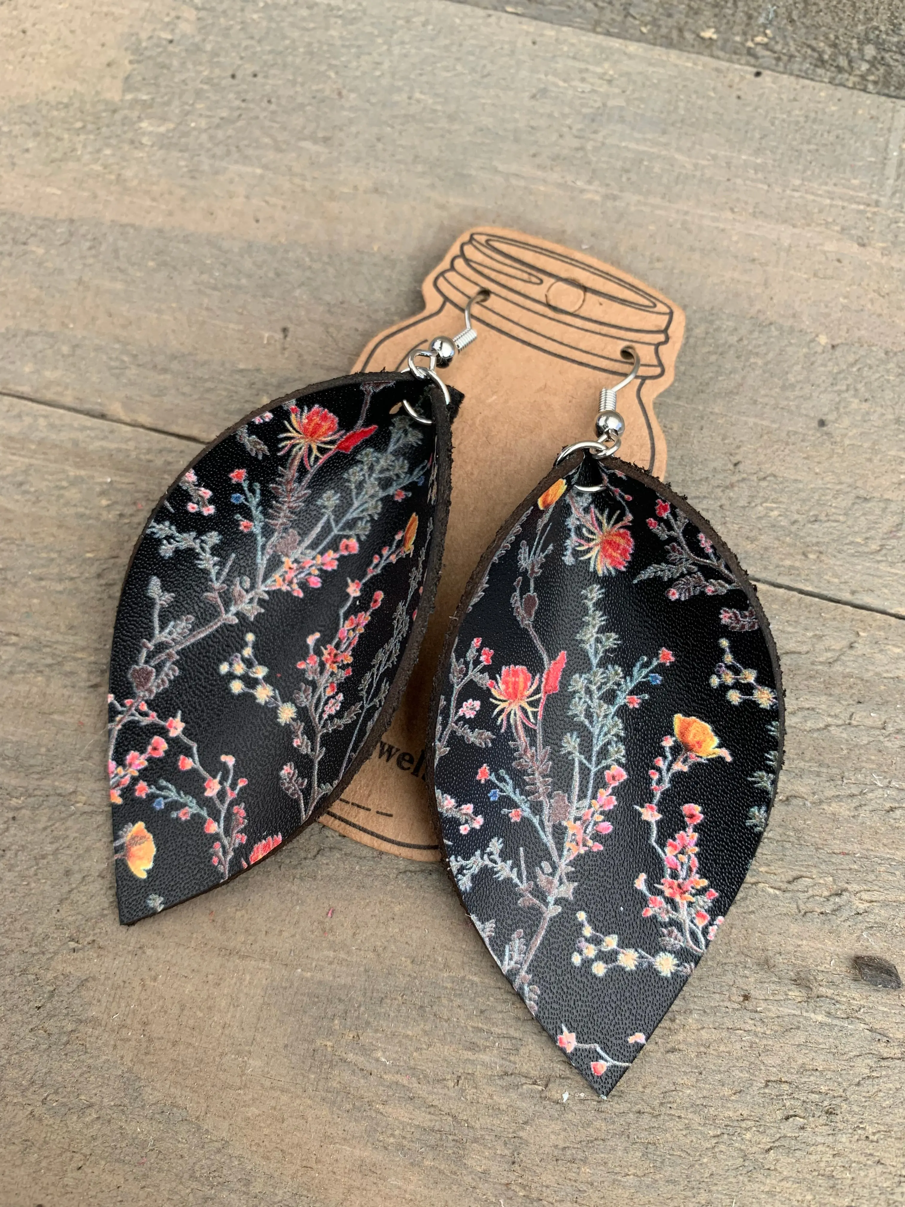 Black Orange Floral Leather Earrings