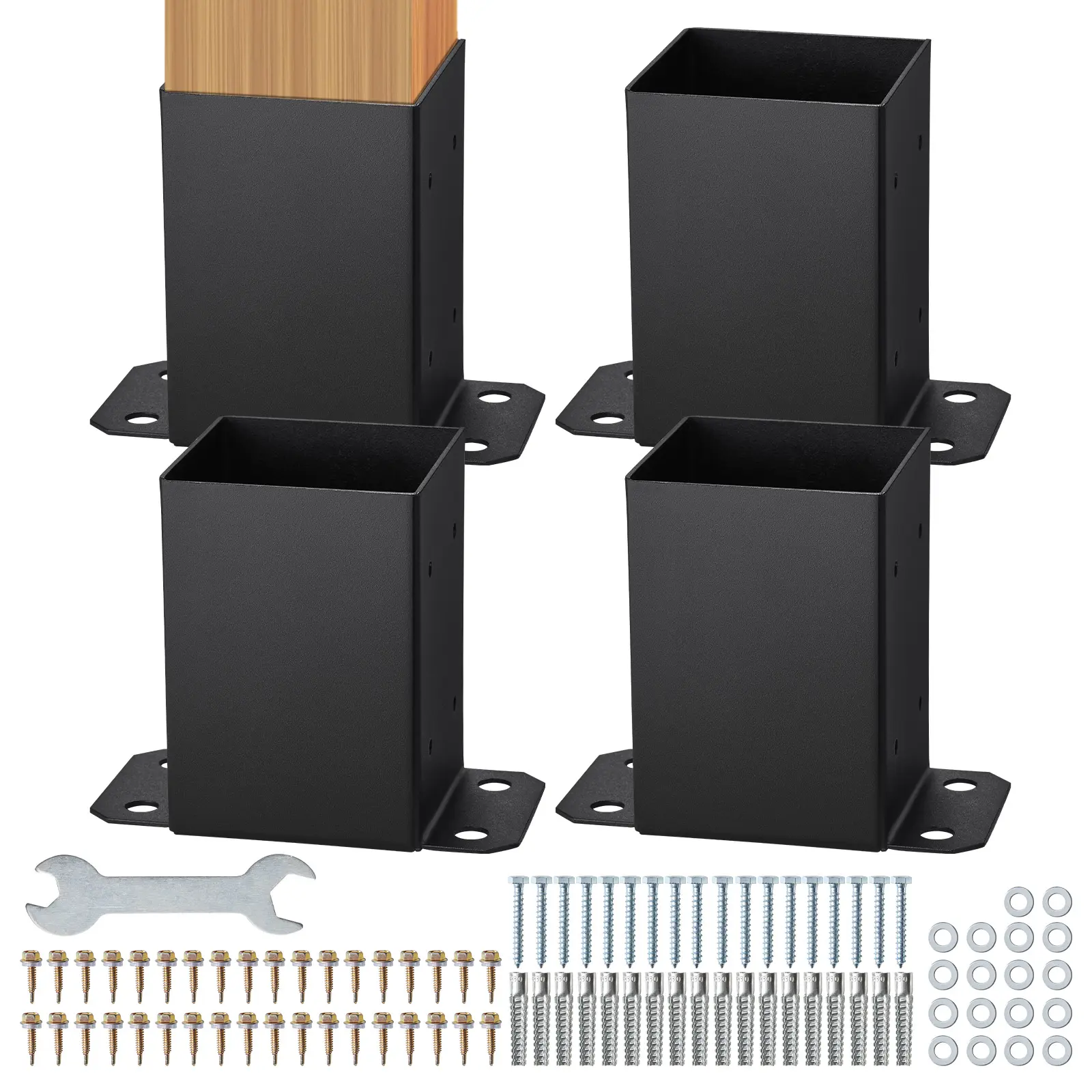 VEVOR 4-Pack 4x4 Carbon Steel Post Base Hardware, Inner 3.6"x3.6" Size, 0.08in Wall Strong Powder-Coated Matte Black Post Anchor Brackets, Full Kit with M525 Screws & 18pcs Serrated Sleeves for Pavilion Deck Support