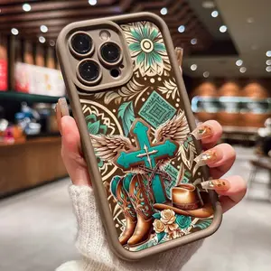 Western Cross Patchwork Protective Phone Case, Shockproof Sand Texture Protection, Fits iPhone 11/12/13/14/15/16/XR/13promax/16plus/12pro/14promax/XS/17/16plus, Holiday Gift, Casing, Cover, Accessories