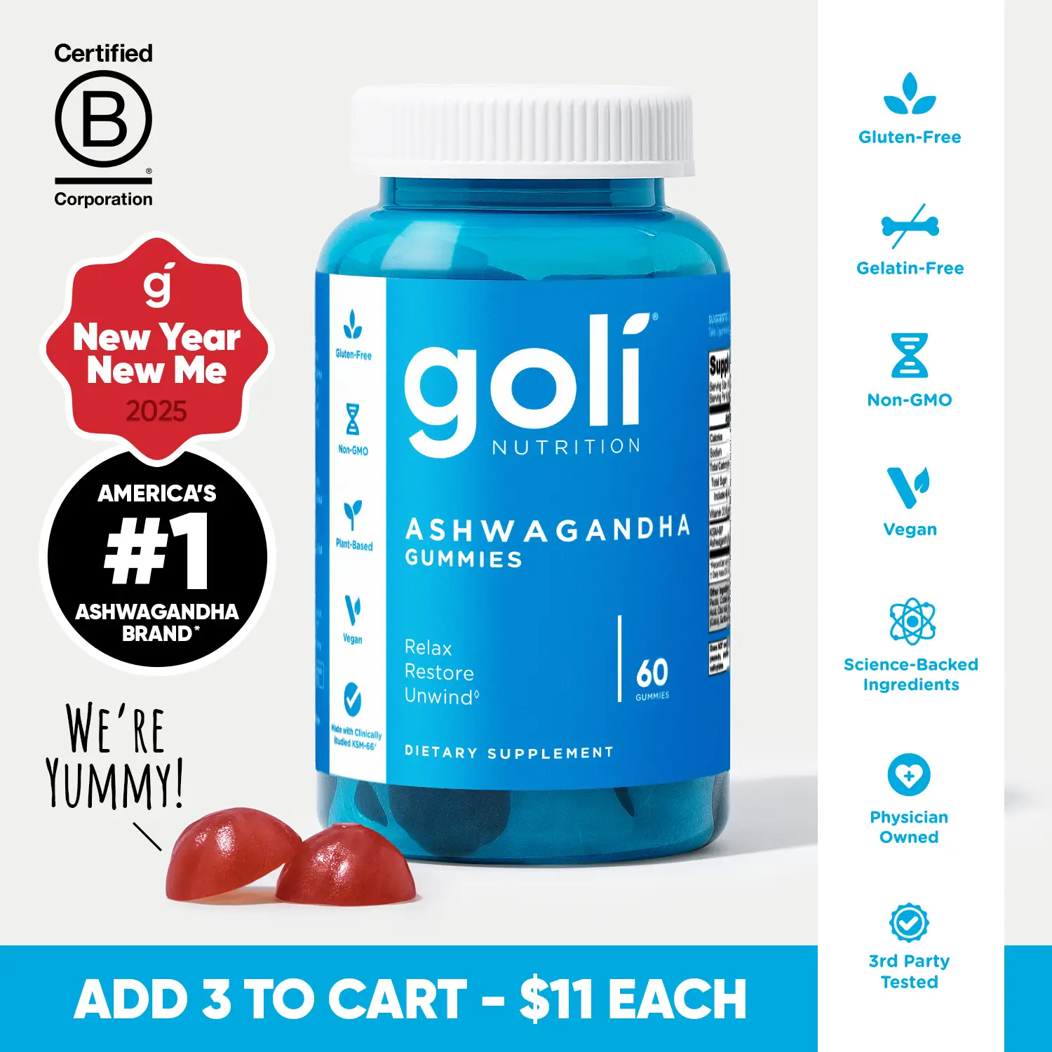 Goli Ashwagandha & Vitamin D Gummy - Mixed Berry, KSM-66, Vegan, Plant Based, Non-GMO, Gluten-Free & Gelatin Free. America's #1 Ashwagandha Brand