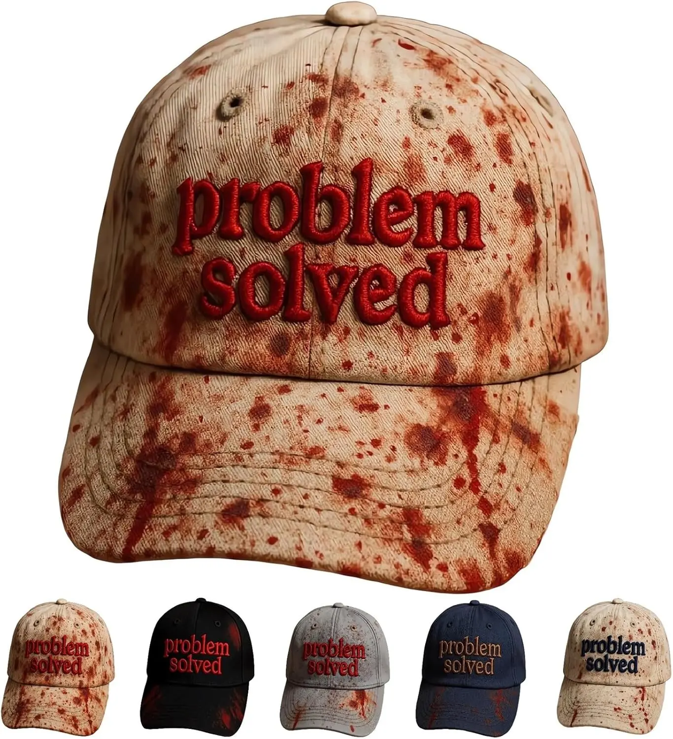 Unisex Casual Dark Blood Stain Hat Problem Solved Hat Embroidered Baseball Men Ball Cap Halloween Horror Costume Prop