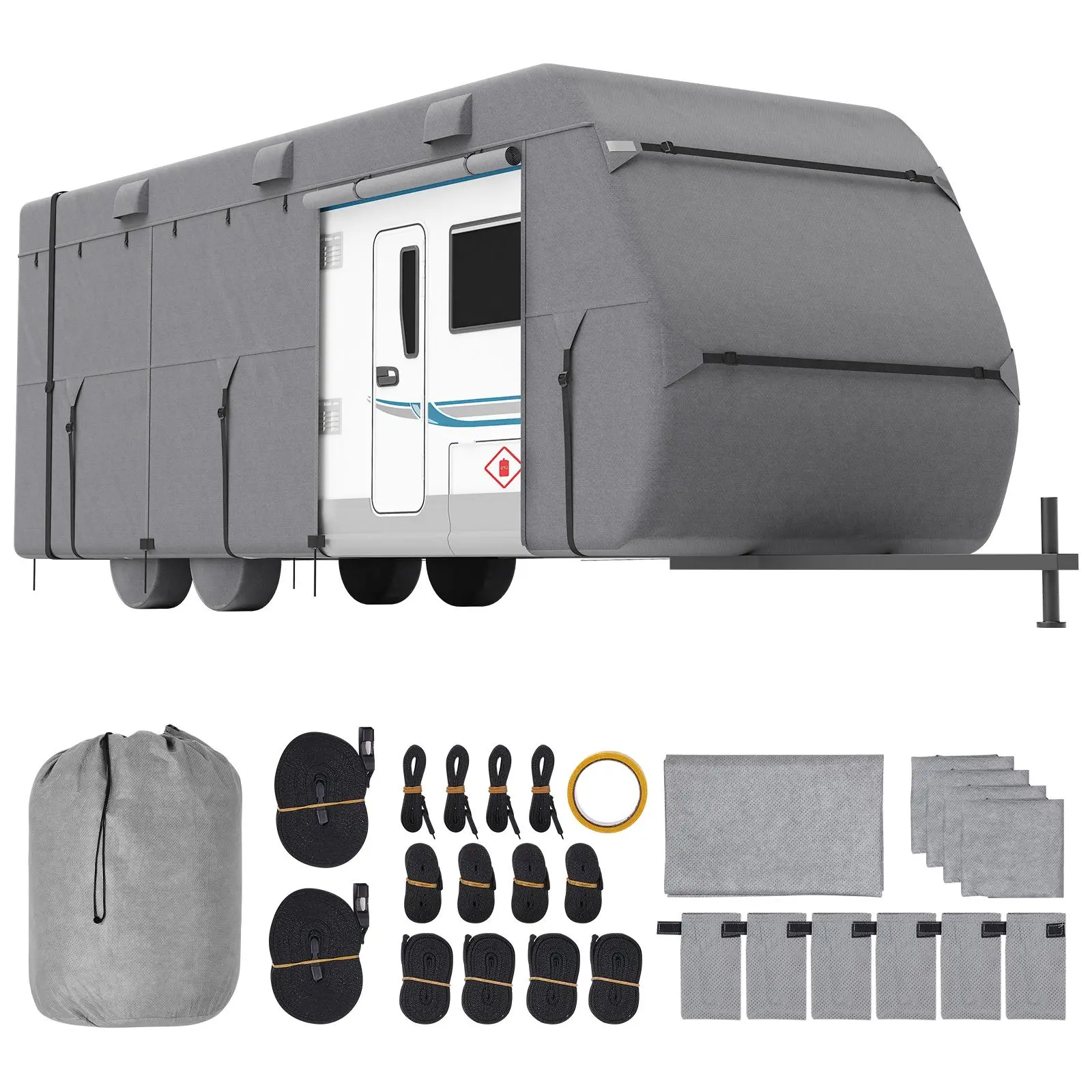【summerfinds】VEVOR Travel Trailer Cover, 18-20 ft RV Cover, 4-Layer Non-Woven Fabric Camper Cover, Waterproof, Windproof and Rip-Stop Class A RV Cover, with Storage Bag, Repair Patches, Straps and Tire Covers