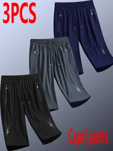 3-Pack Summer Men's Quick-Dry Sports Capris, Knee-Length Casual Shorts, Drawstring Waist, Zip Pockets, Running, Fitness, Travel, Outdoor