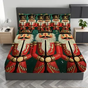 3pcs Fitted Sheet Set: 1 Fitted Sheet + 2 Pillowcases, Nutcracker Trio Print Design, High-End European and American Style, Soft and Comfortable Fabric for Bedrooms, Hotels, or Dormitories, Sheets for Bed, Dormitory Supplies, Bedroom Essentials