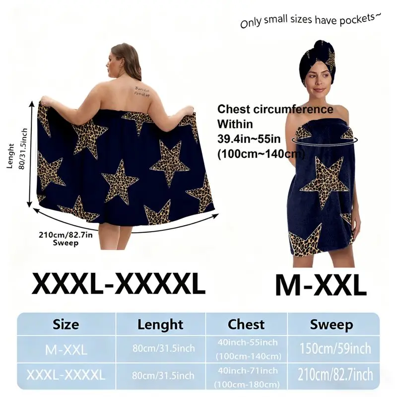 Plus Size Leopard Star Pattern Bath Towel Skirt Set, Dark Blue Leopard-Print Head Towel & Skirt with Triangle Part, Adjustable for Adults, Bath Towels, Post-Bath Relaxation & Spa, XXL Size, Towels for bathroom