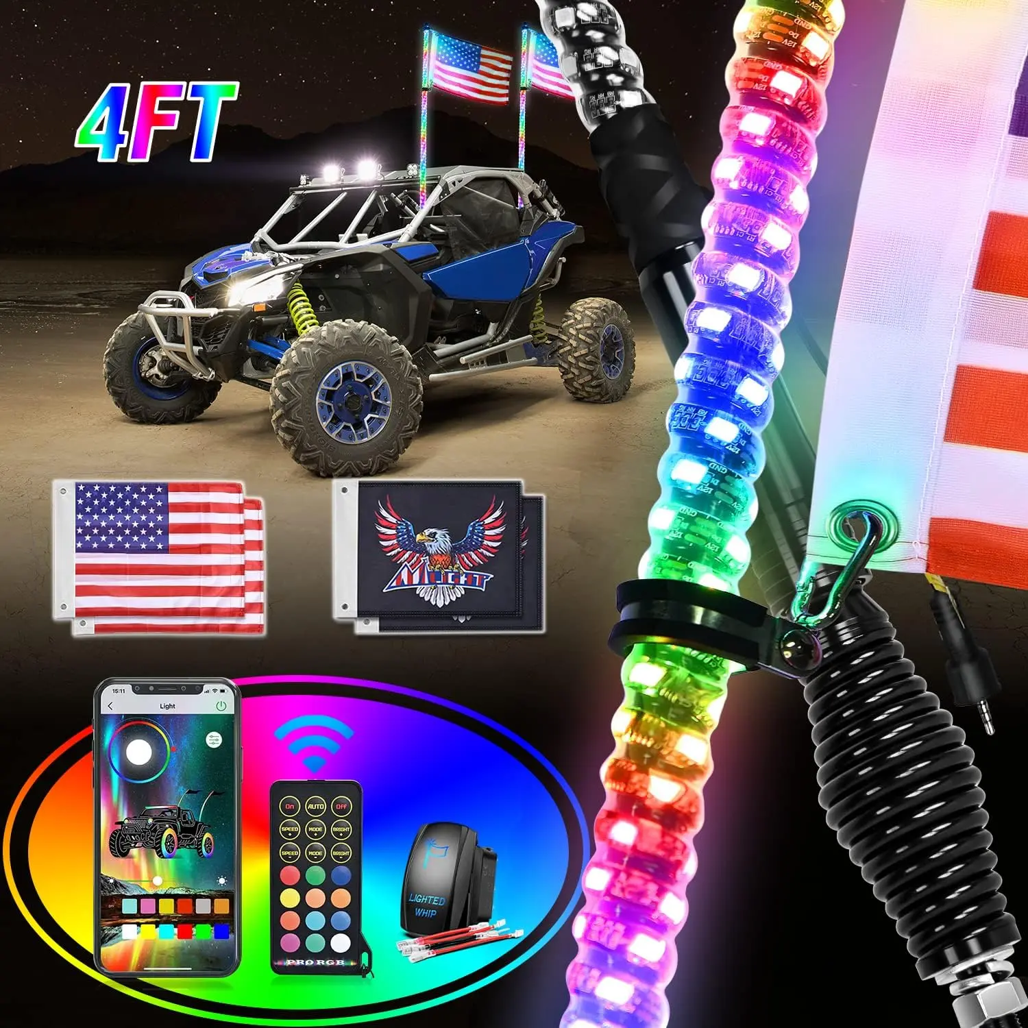 Nilight 2PCS 4FT Lighted RGB LED Whip Tubes with Spring Base, Remote & App Control (Including App Password), DIY Chasing Patterns, Turn Signal, Brake Lights, Flexible Bend Ambient Decor for ATV, UTV, Lighted Whip Tube