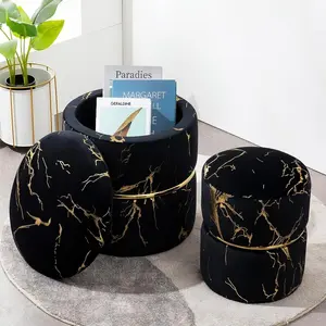 Fumahaus Pack Of 2 Black Round Bronzing Storage Ottoman Modern Velvet Upholstered Ottoman Stool Luxurious Poufs Sofa Footrest For Living Room Makeup Vanity Stool For Bedroom Room Decor